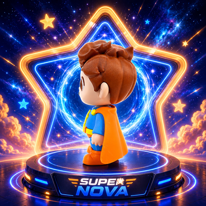 3D-Figur mit braunem Haar, blauem Outfit, orangefarbenem Umhang und SUPER NOVA-Leuchtsockel