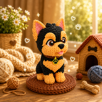 Yorkshire-Terrier Strickfigur, nahansicht von vorn, schwarze Mütze, gelbe Abzeichen, auf rundem Sockel