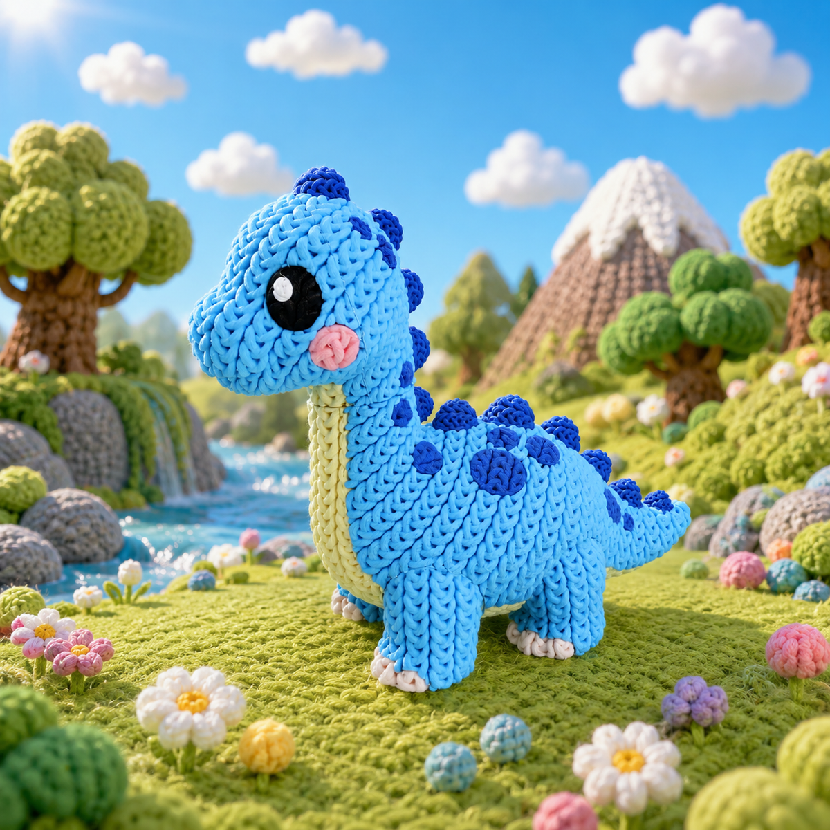 Gestrickte Dinofigur Brachiosaurus in Blau mit seitlicher Ansicht und gelbem Hals