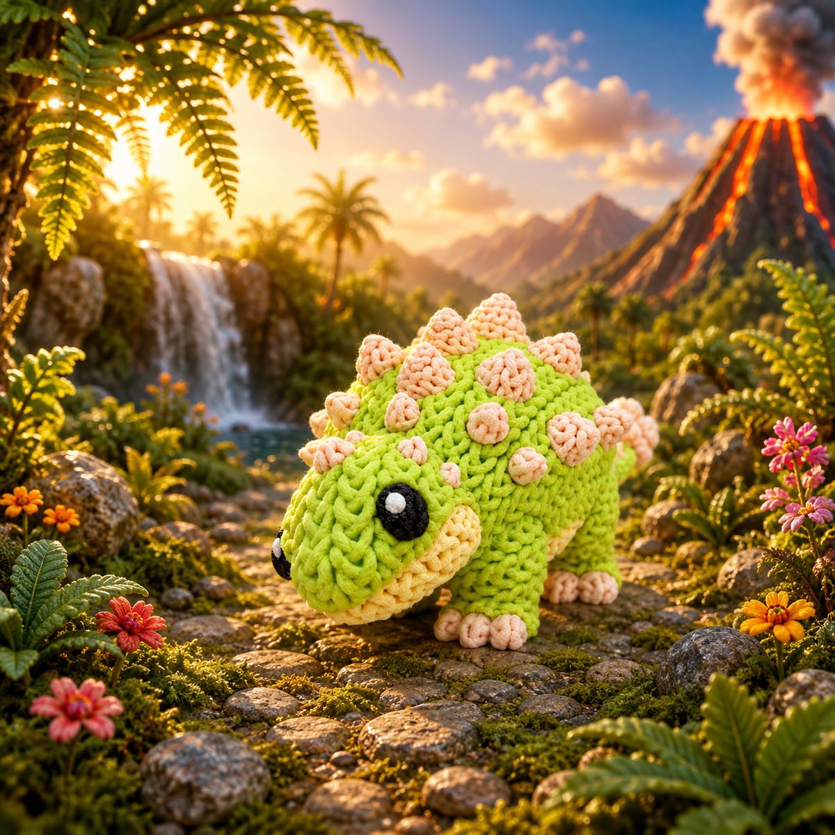Gestrickte Ankylosaurus-Dinofigur in Grün mit rosa Knubbelmuster und schwarzem Auge