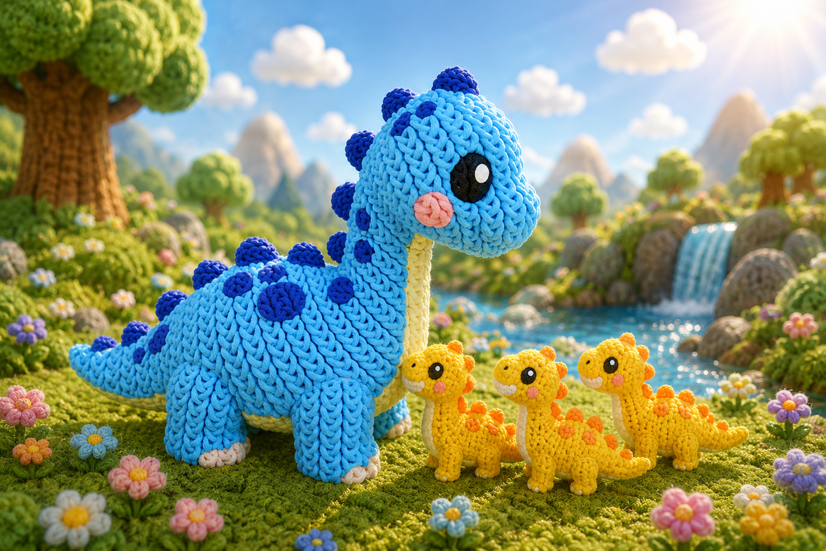 Gestrickte Dinofigur Brachiosaurus in Blau mit Gruppe gelber Mini-Dinos