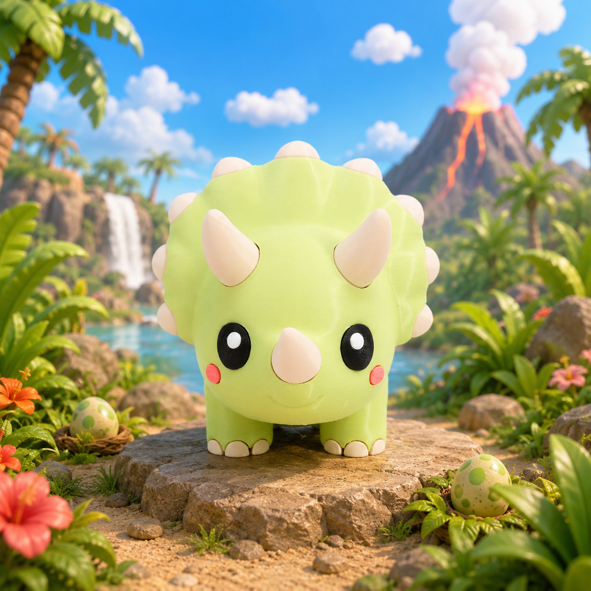 Grüner Baby-Triceratops-Strick, mit schwarzen Augen, rosa Wangen und kurzen Hörnern.