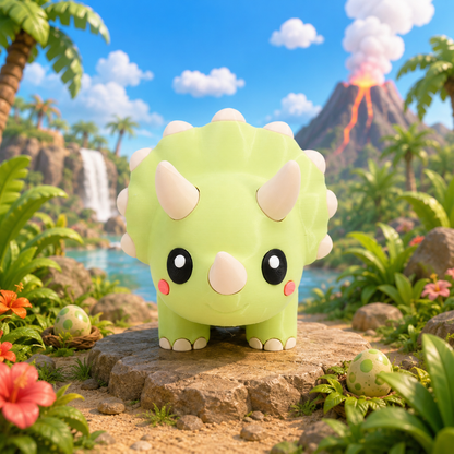 Grüner Baby-Triceratops-Strick, mit schwarzen Augen, rosa Wangen und kurzen Hörnern.