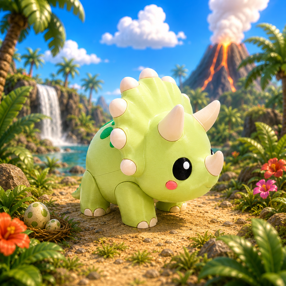 Grüne Baby-Triceratops-Figur mit großen Augen, roter Schnauze und 3D-Form