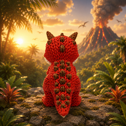Gestrickte rote Dinofigur von hinten auf Fels, braune Noppen am Kopf und beiger Bauch