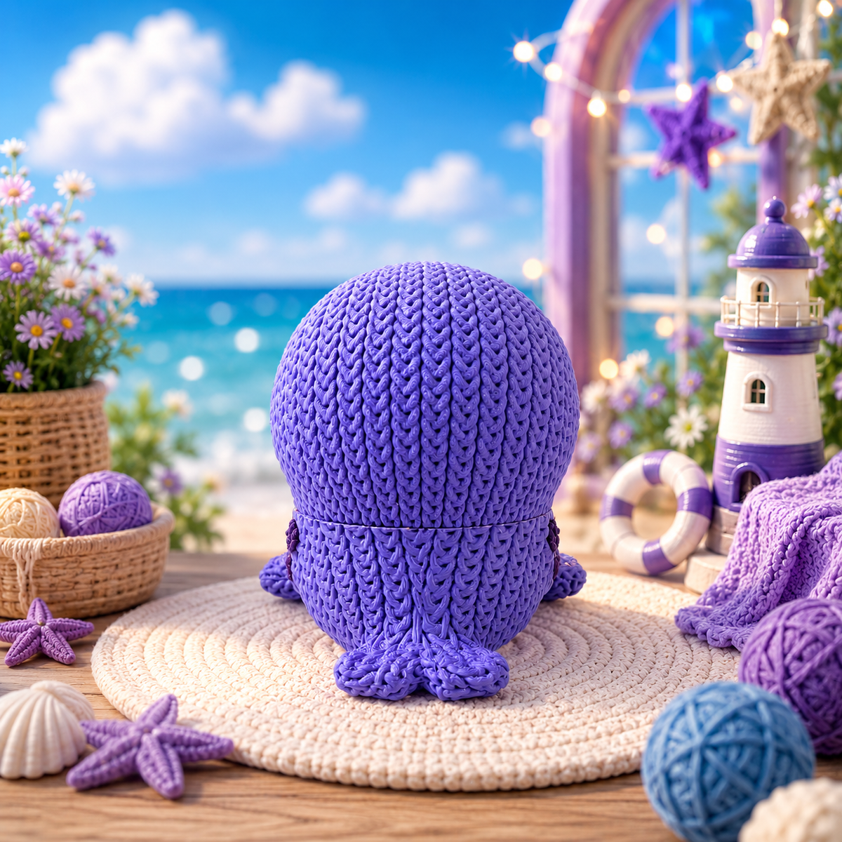 Gestrickte Robbenfigur in Flieder, Ansicht von hinten auf runder Unterlage