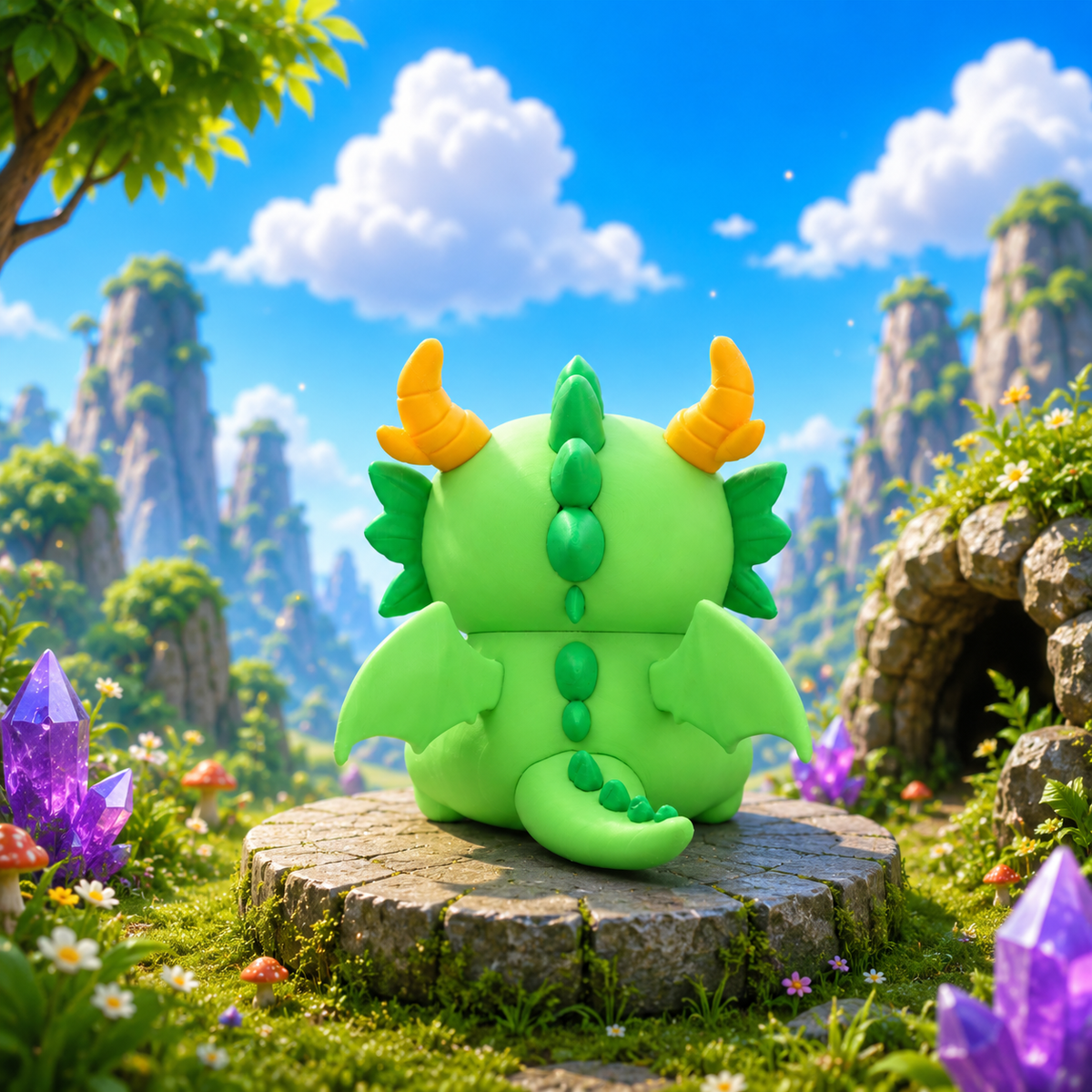 Grüne Drachenfigur von hinten, mit gelben Hörnern und rückenbedeckenden Stacheln auf Steinsockel