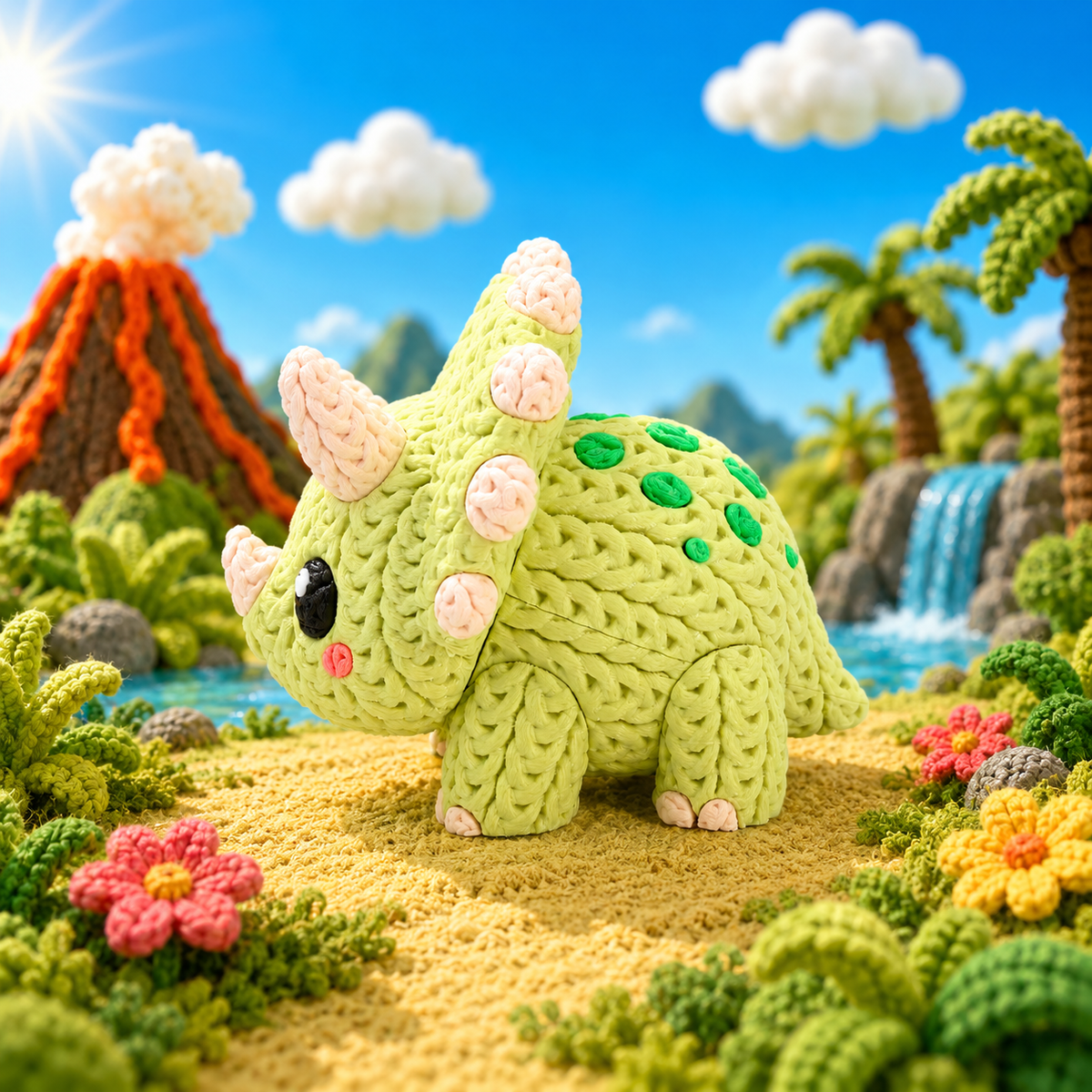 Grüner Baby-Triceratops aus Strick, seitlich, mit rosafarbenen Hörnern und Noppen.