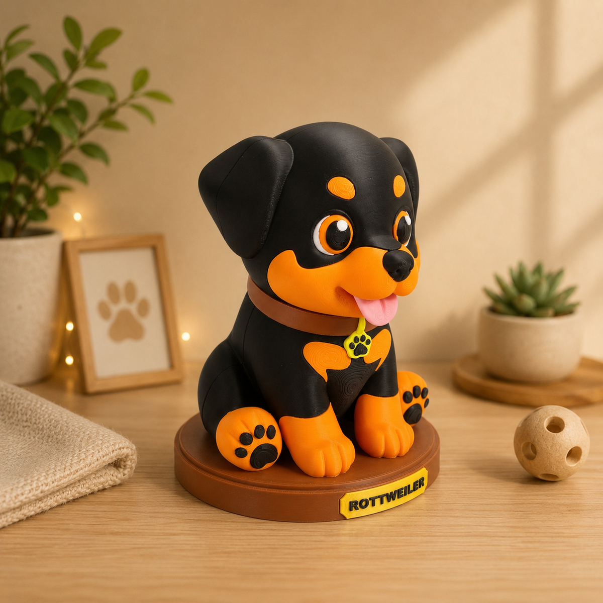 Rottweiler-Dekofigur im Seitenblick auf braunem Sockel, schwarzer Körper mit orangefarbener Brust.
