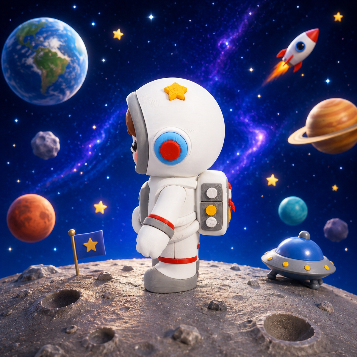 Astronautenfigur Junge von der Seite im weißen Raumanzug mit rundem Panel am Rumpf