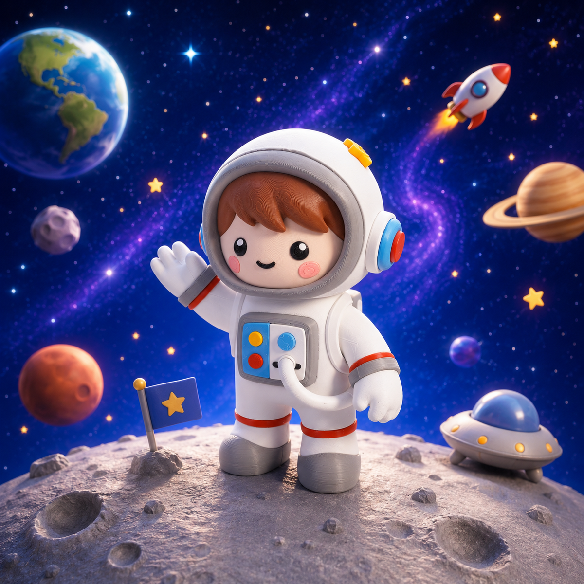 Astronautenfigur Junge im weißen Raumanzug mit Helm und gelbem Stern, Hand seitlich