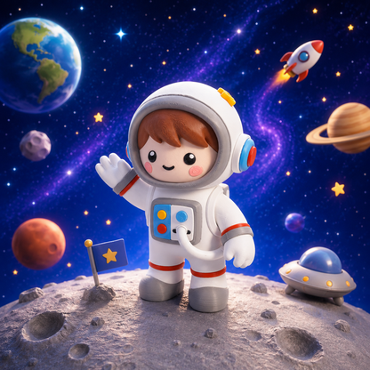 Astronautenfigur Junge im weißen Raumanzug mit Helm und gelbem Stern, Hand seitlich