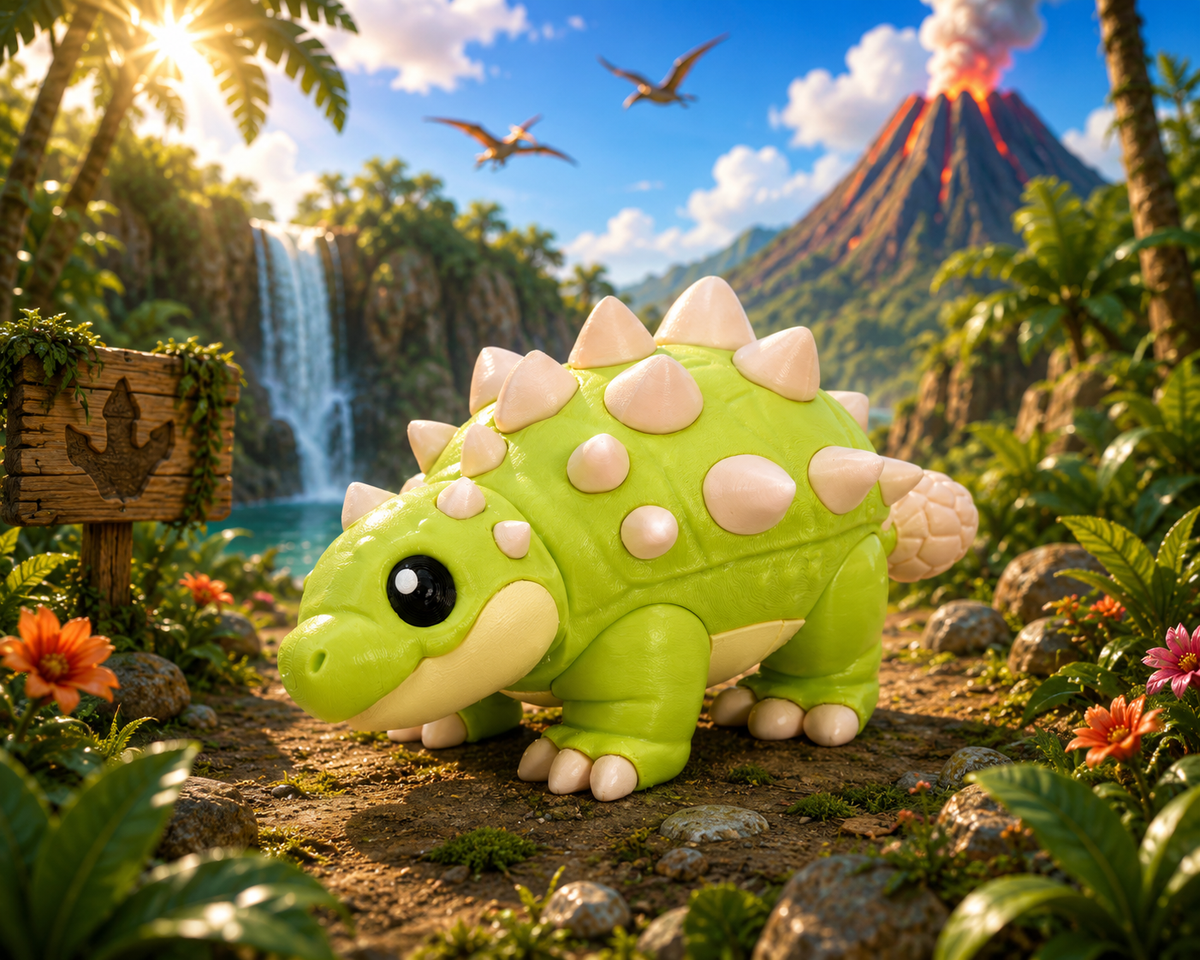 Grüner Baby-Ankylosaurus-Plüsch, seitlich von vorn, beiger Panzer und Stacheln, mit Pfoten
