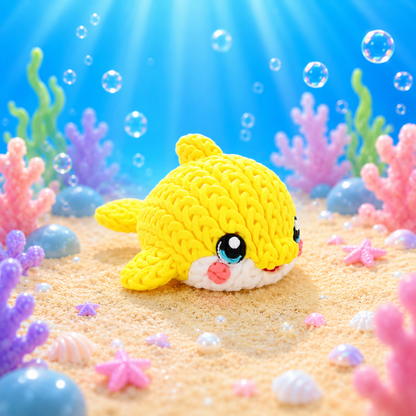 Gestrickter gelber Delfin mit weißen Bäckchen, rosiger Schnauze und Kulleraugen