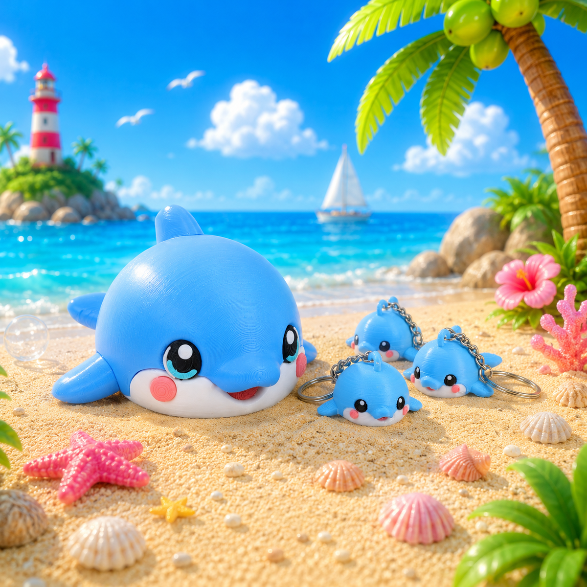 Blauer Delfin-Anhänger mit Schlüsselring und zwei Mini-Delfin-Figuren