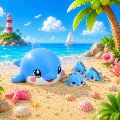 Blauer Delfin-Anhänger mit Schlüsselring und zwei Mini-Delfin-Figuren
