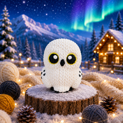 Gestrickte Schneeeulenfigur, weiß mit schwarzen Augen, sitzend auf Holzscheibe