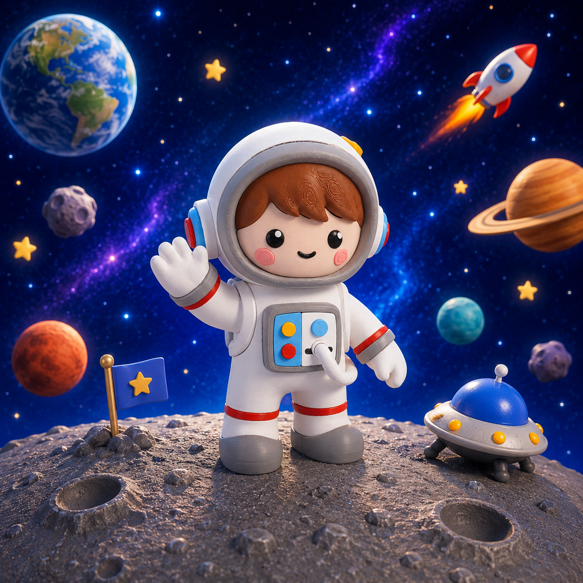 Astronautenfigur Junge im weißen Raumanzug mit Helm, seitlich gedreht, Blick geradeaus
