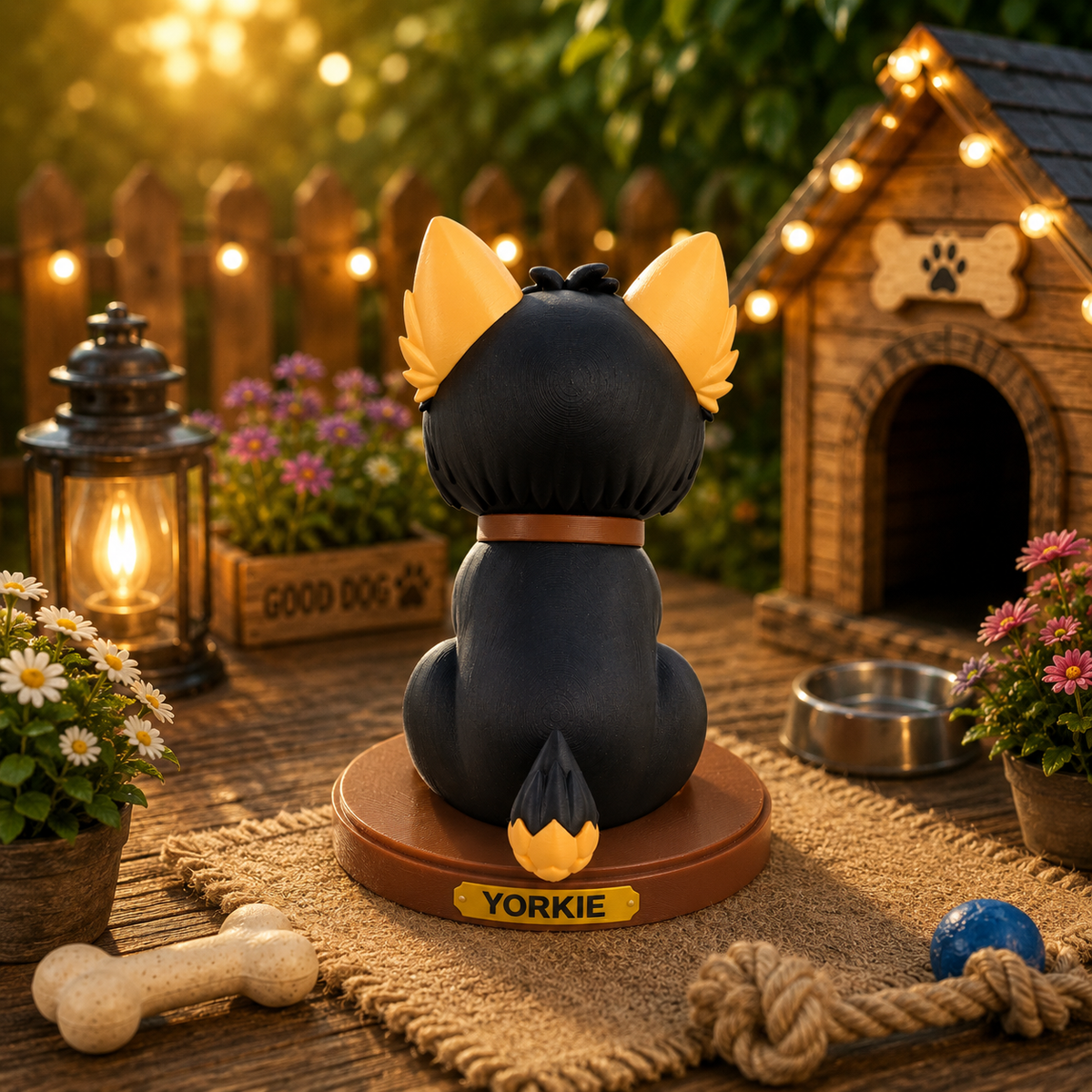 Yorkshire-Terrier Strickfigur von hinten, schwarze Fellstruktur, auf runder Basis mit Namensschild