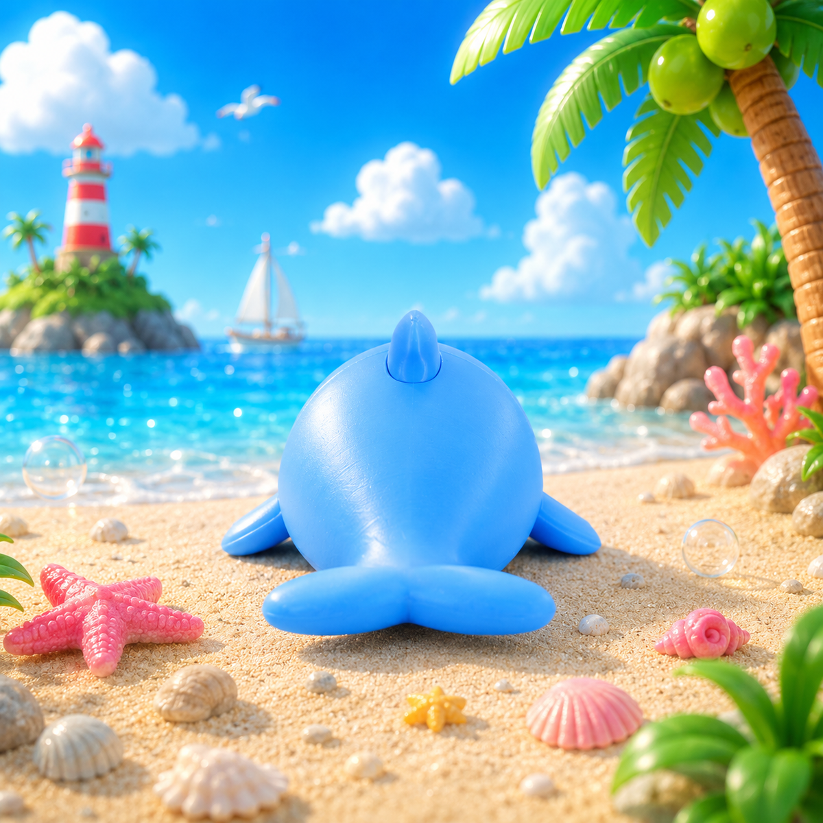 Blauer Delfin aus glattem Material, Rückenansicht mit Flosse oben und rotem Mundbereich