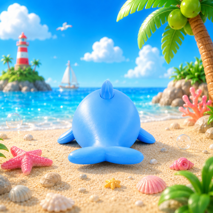 Blauer Delfin aus glattem Material, Rückenansicht mit Flosse oben und rotem Mundbereich