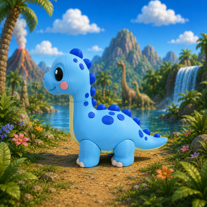 Blauer Baby-Brachiosaurus als Sitzfigur, dunkle Punkte und beiger Bauch