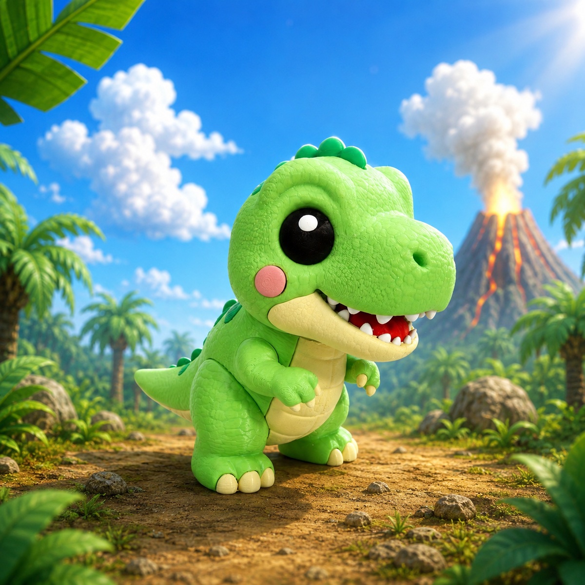 Grüne T-Rex-Babydino-Figur mit glatter Oberfläche, springende Pose, offene Kiefer und dunkle Augen.
