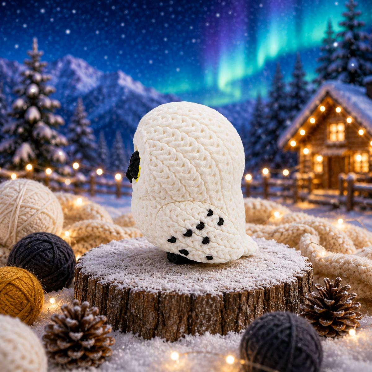 Gestrickte Schneeeulenfigur in Seitenansicht, weiß mit schwarzer Schnauze, auf Holzscheibe