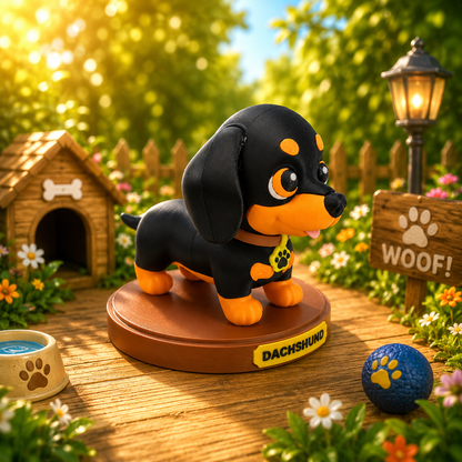 Dackel-Figurine in Schwarz mit orangefarbenem Gesicht, seitlich stehend auf Basis