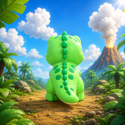 Grüne T-Rex-Babydino-Figur mit glatter Oberfläche, Rückansicht mit Noppen und Schwanzspitze.
