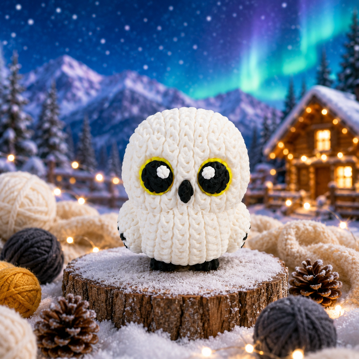 Vordere Ansicht der weißen gestrickten Schneeeulenfigur mit schwarzen Augen auf Holzscheibe