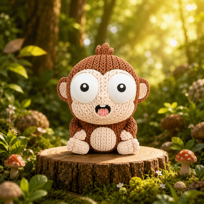 Gestrickte Affenfigur mit 3D-Look, braunem Fell, großen Augen und Pfötchen