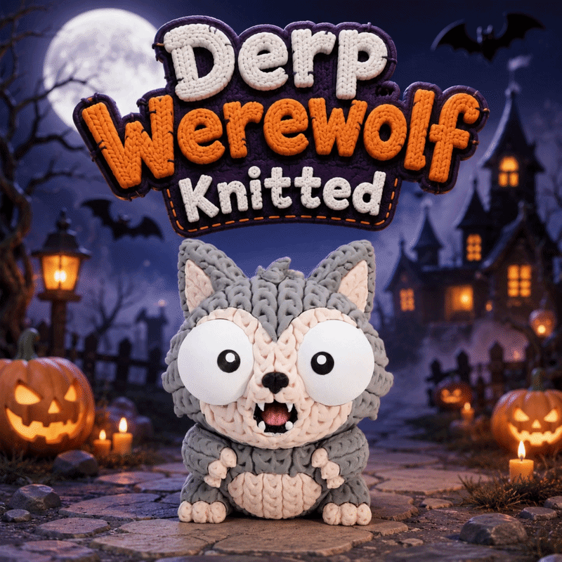 Gestrickte Werwolffigur mit grauem Zopf-Muster; große Augen und beige Schnauze