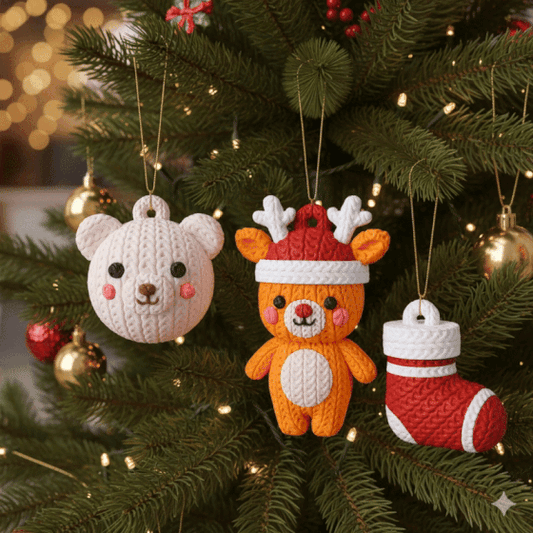 Gestrickter Weihnachtsanhänger-Set: Bär, Rentier im Hut und Weihnachtssocke, 3-teilig