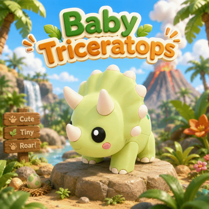 Grüne Baby-Triceratops-Figur mit großen Augen und Strickoptik