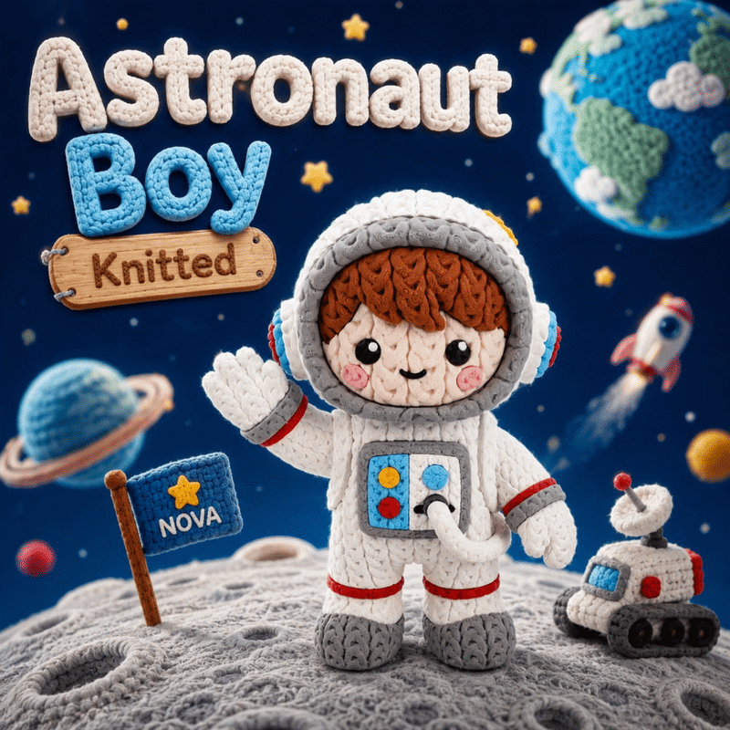 Gestrickte Astronautenfigur, weiß-grau, braunes Anzugteil und ausgestreckte Arme; Roboter daneben.