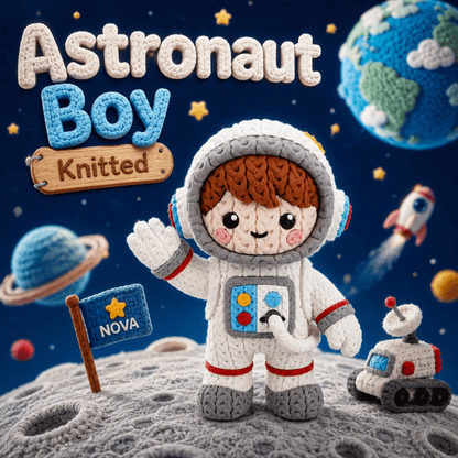 Gestrickte Astronautenfigur, weiß-grau, braunes Anzugteil und ausgestreckte Arme; Roboter daneben.