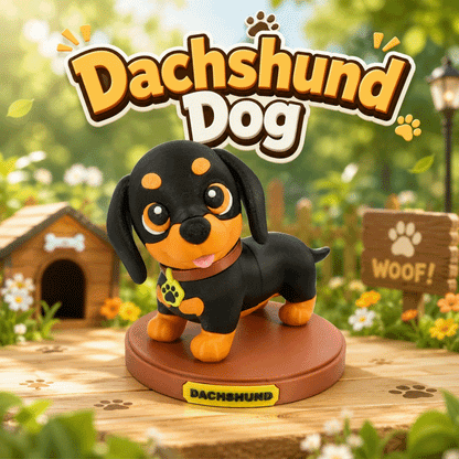 Dackel-Figurine in Schwarz mit orangefarbenem Bauch, auf brauner runder Basis