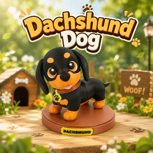 Dackel-Figurine in Schwarz mit orangefarbenem Bauch, auf brauner runder Basis