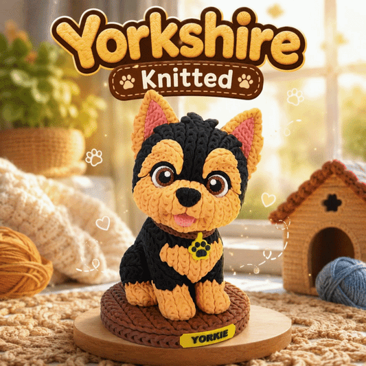 Yorkshire-Terrier Strickfigur auf Holzsockel, schwarzes Fell, gelbe Flecken, Detail als Handarbeit