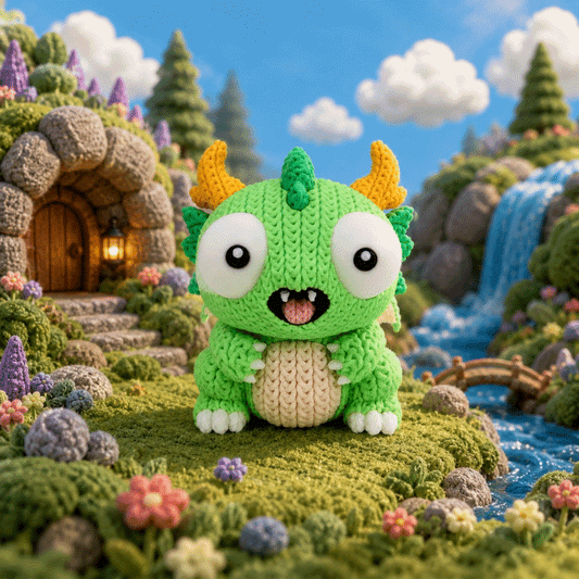Grüne gestrickte Drachenfigur mit großen Augen, gelben Hörnern und beigem Bauch