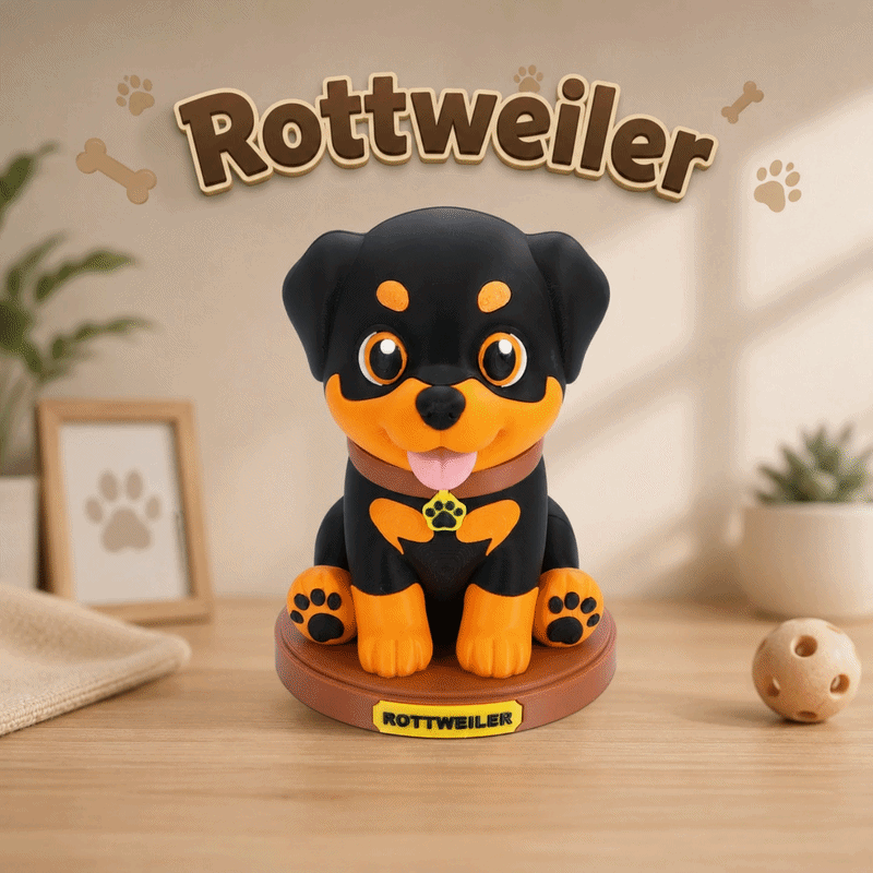 Rottweiler-Dekofigur im Sitzen, schwarzes Design mit orangefarbenem Gesicht und Pfoten.