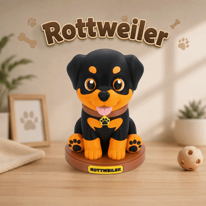 Rottweiler-Dekofigur im Sitzen, schwarzes Design mit orangefarbenem Gesicht und Pfoten.