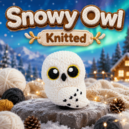 Weiße gestrickte Schneeeulenfigur mit schwarzen Augen auf runder Holzscheibe