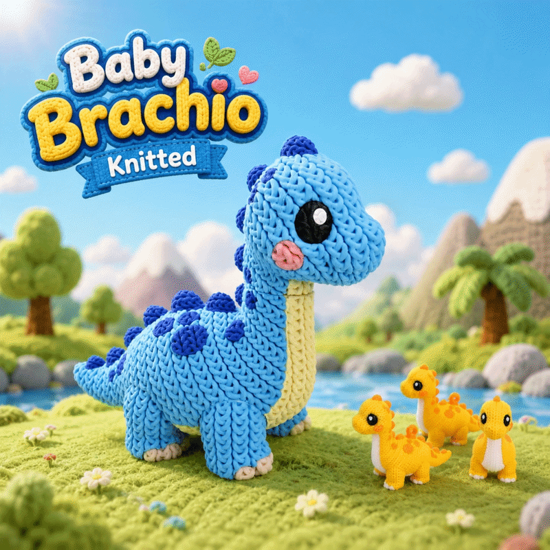 Gestrickte blaue Brachiosaurus-Figur mit großen Augen, gelbe Küken daneben