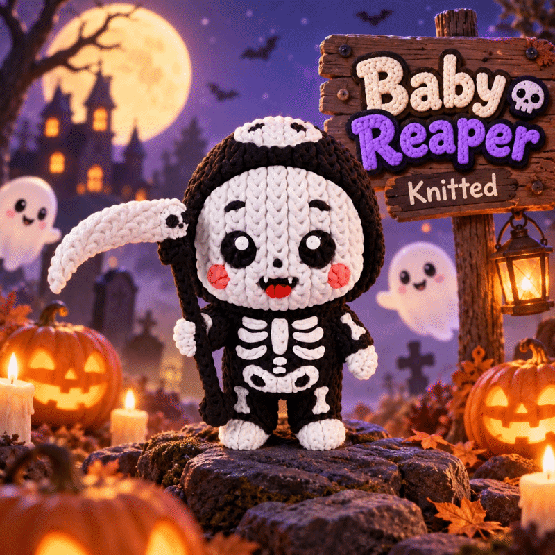 Gestrickte Sensenmann-Figur mit Kapuze und Schild „Baby Reaper“