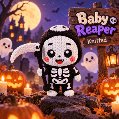 Gestrickte Sensenmann-Figur mit Kapuze und Schild „Baby Reaper“