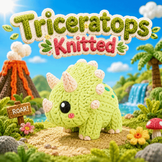 Grüner Baby-Triceratops-Strick, schräg, schwarze Augen und rosafarbener Nasenfleck.
