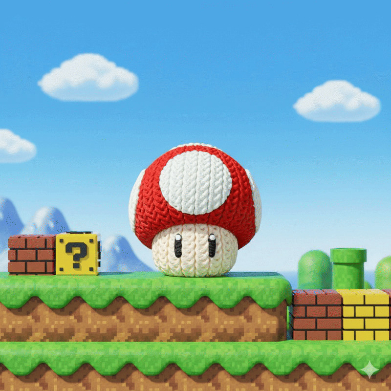 Knitted Power Mushroom Set – Cozy Game Fanart Figur & Keychain Whale 3D Studio