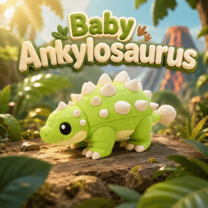 Grüner Baby-Ankylosaurus-Plüsch mit beigen Stacheln und großen Augen, am Boden stehend